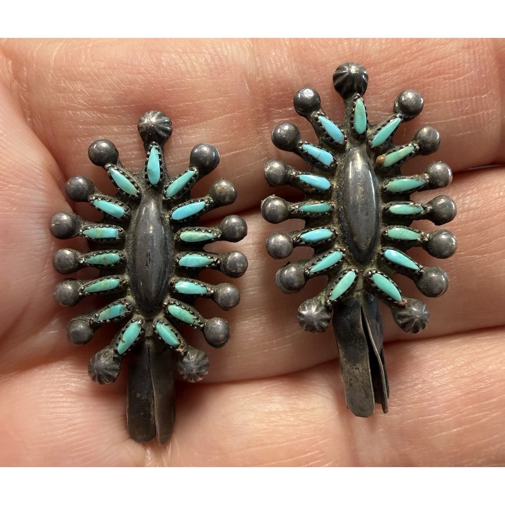 Vintage Zuni Alice Quam Turquoise Needlepoint Earrings Sterling Silver Signed A - Picture 5 of 7